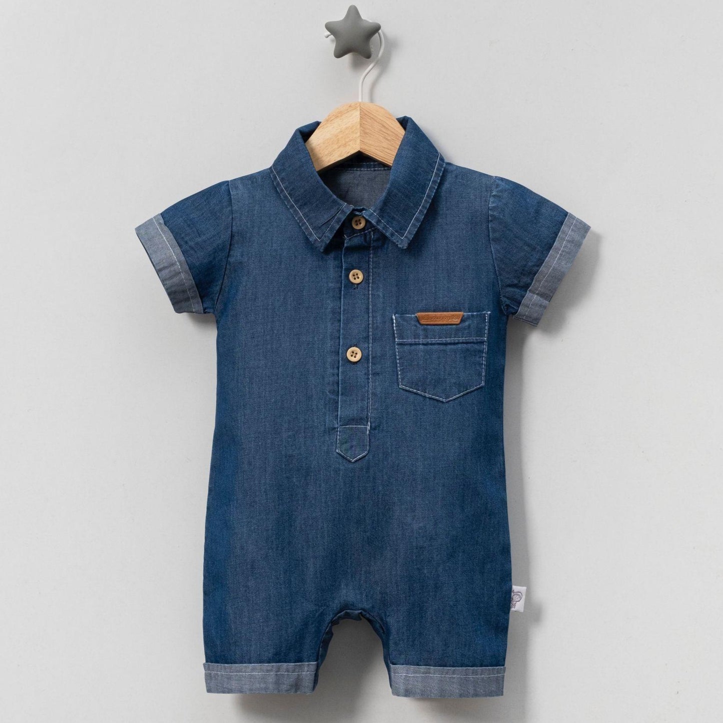 Denim Button-Up Romper with Cuffs