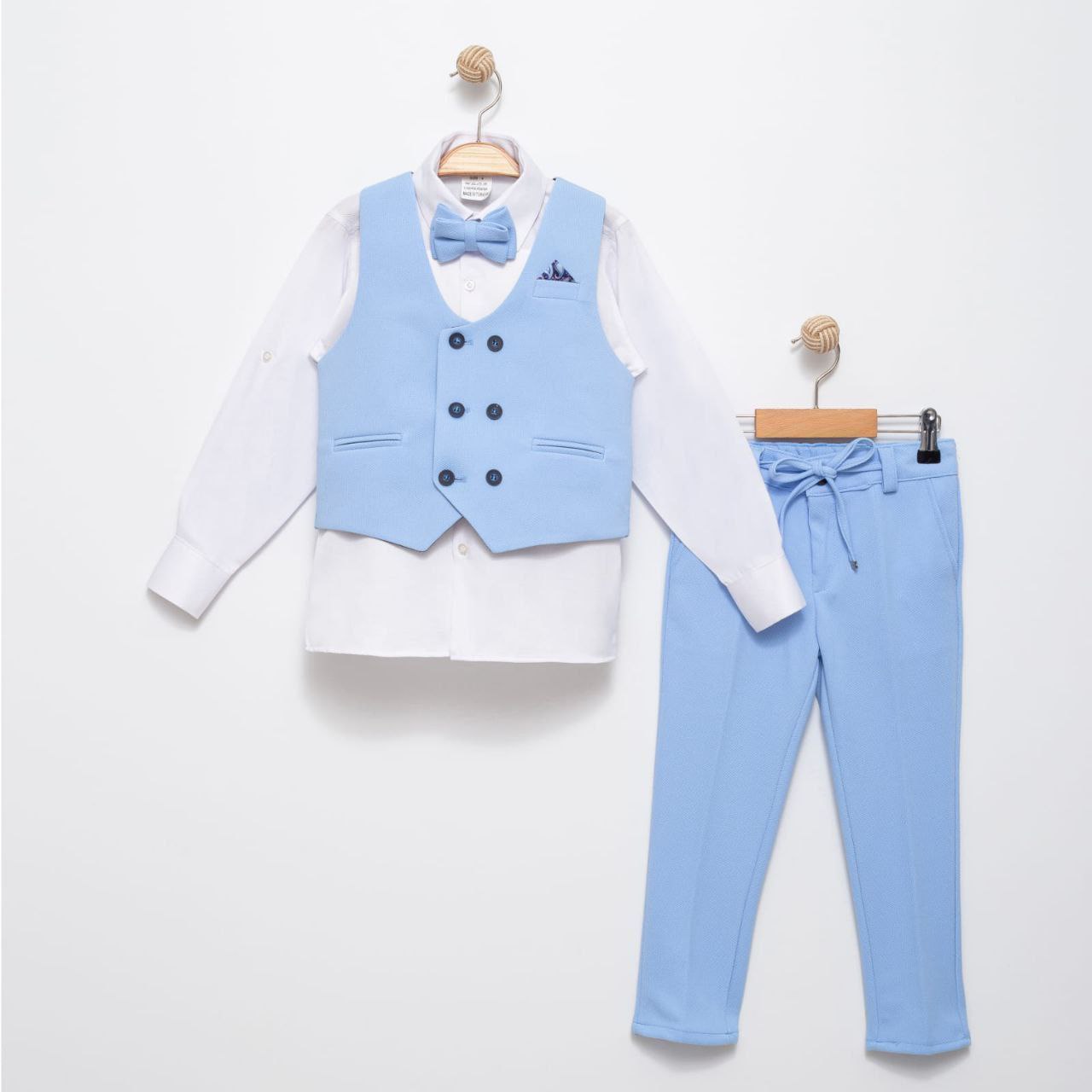 Light Blue Baby Vest Suit – Bow Tie & Trousers