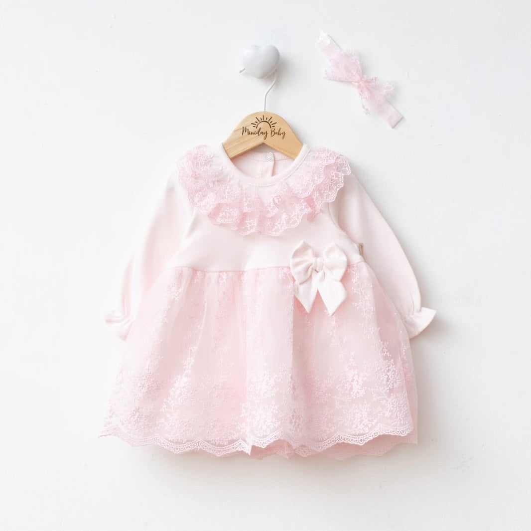 Pink Baby Girl Lace Dress – Bow & Headband Set