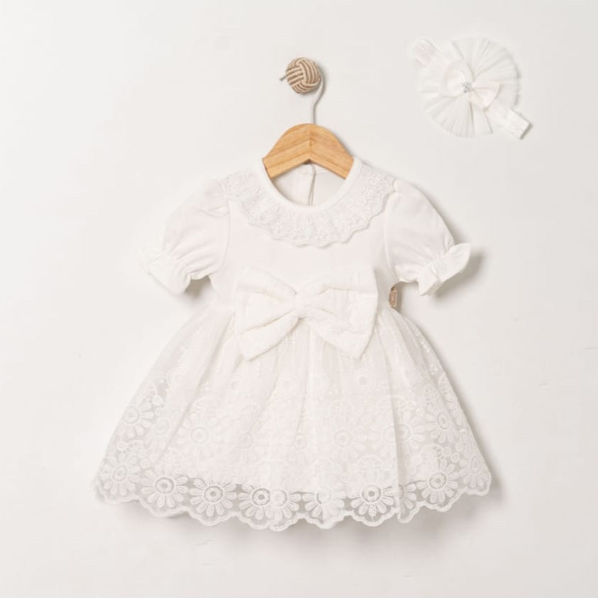 White Baby Girl Lace Dress – Bow & Headband Set