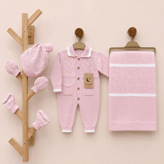 The Isabelle 5-Piece Cable-Knit Romper & Blanket Gift Set – Soft Pink