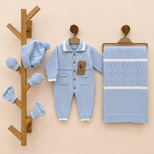 The Elijah 5-Piece Cable-Knit Romper & Blanket Gift Set – Light Blue