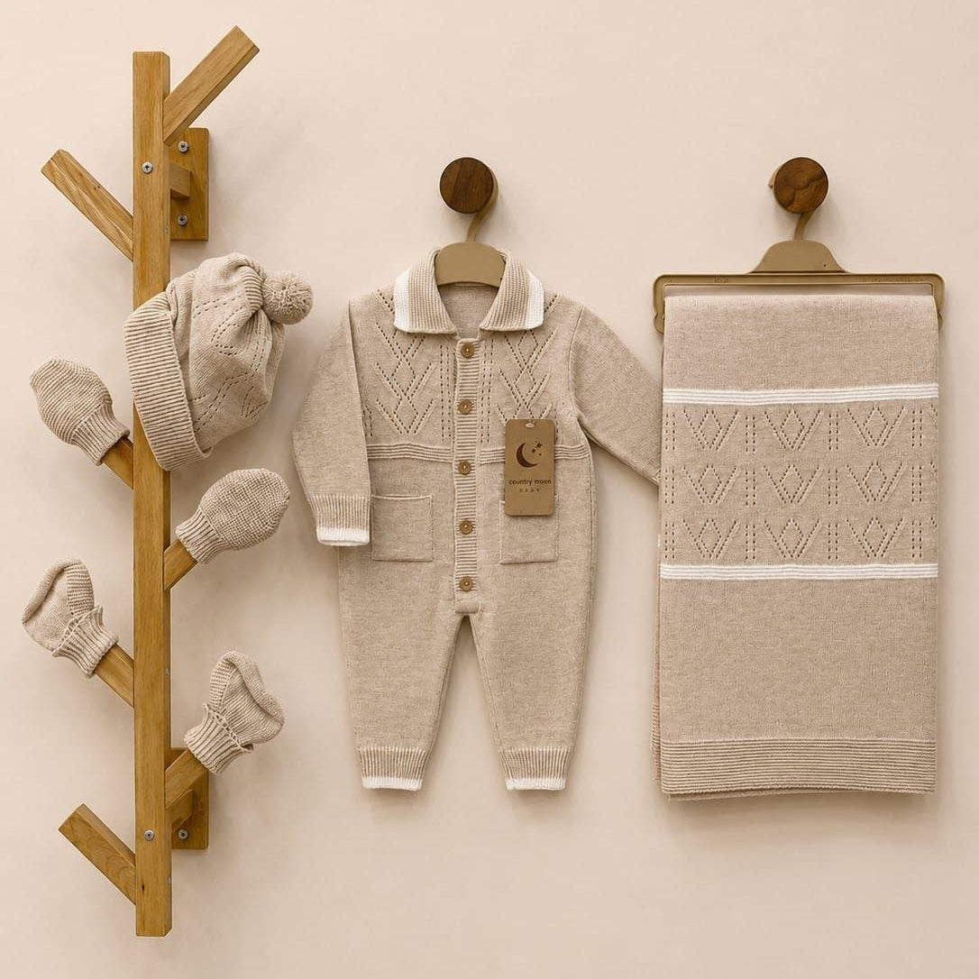 The Mateo 5-Piece Cable-Knit Romper & Blanket Gift Set – Oat Beige