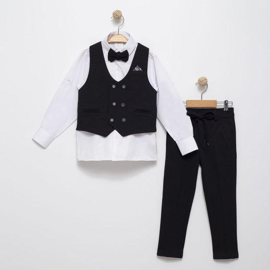 Black Boys Formal Suit – 4-Piece Set with Gilet, Shirt, Pants & Bow Tie