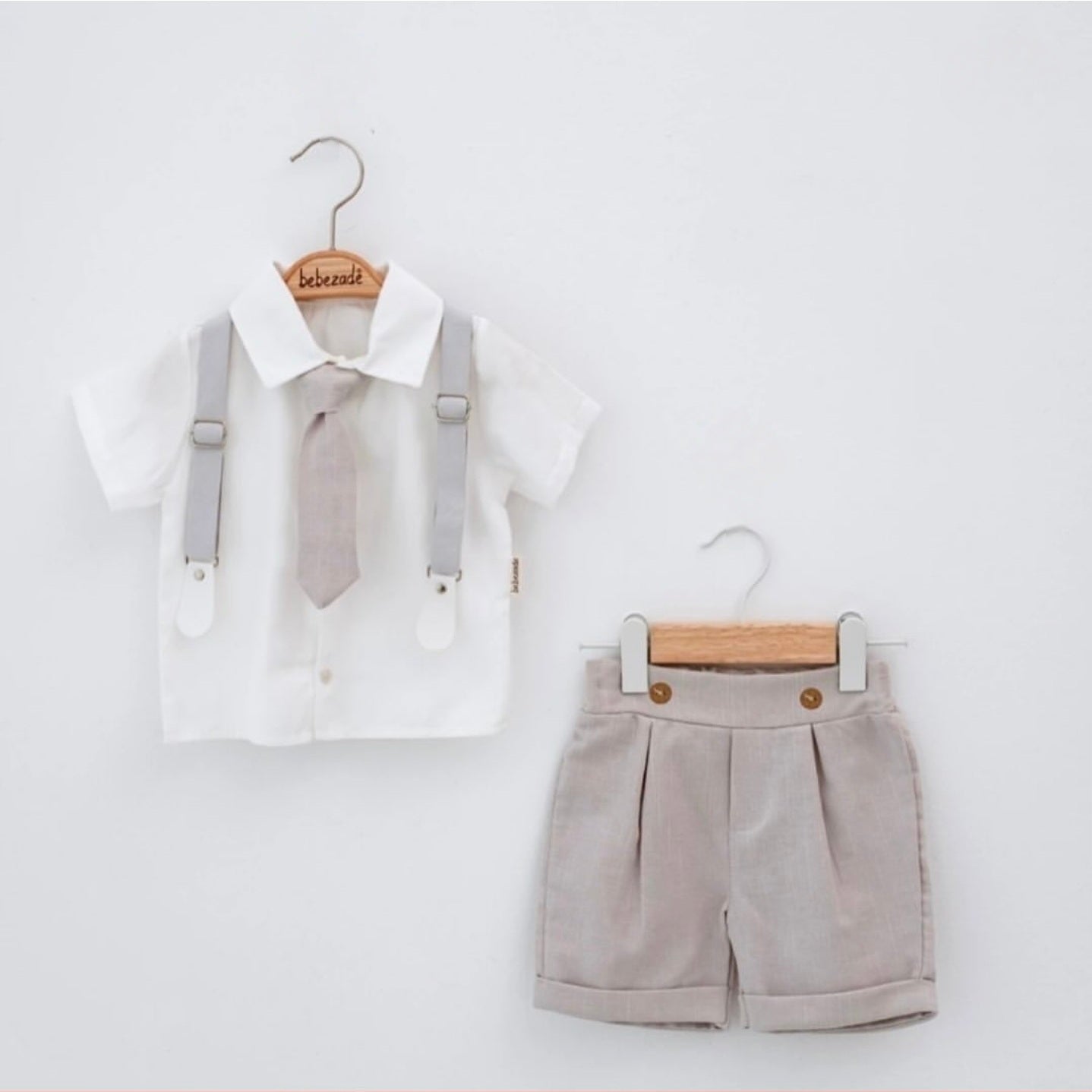 “Silver Sprout” Baby Formal Set – Shirt, Suspenders & Shorts