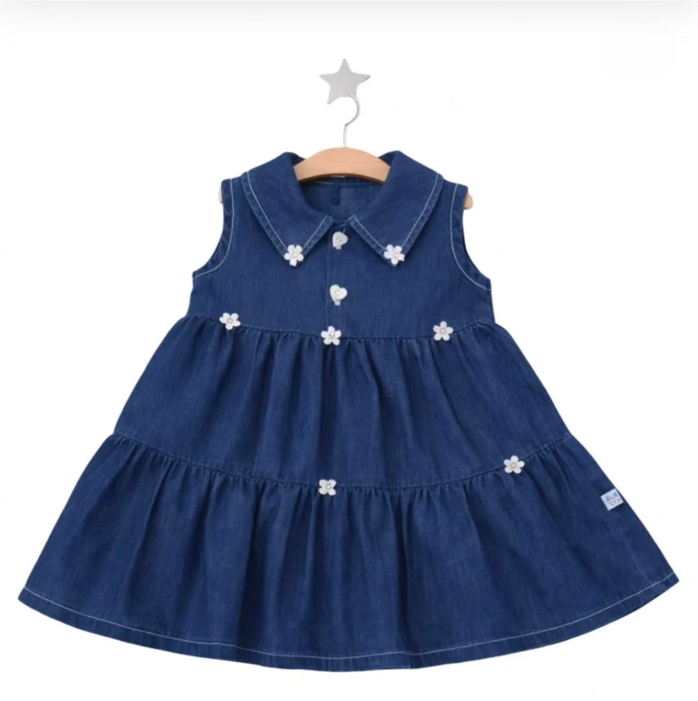 “Meadow Heart” Baby Denim Dress – Tiered Skirt & Floral Detail