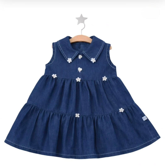 “Meadow Heart” Baby Denim Dress – Tiered Skirt & Floral Detail
