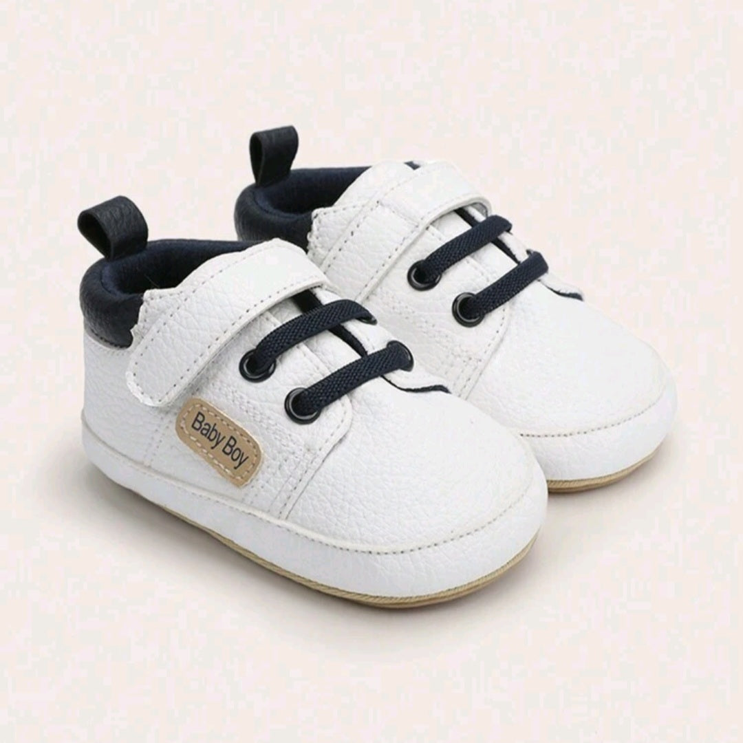 White Leather Baby Boy Shoes – Soft Lined Infant Sneakers with Laces & Velcro Strap