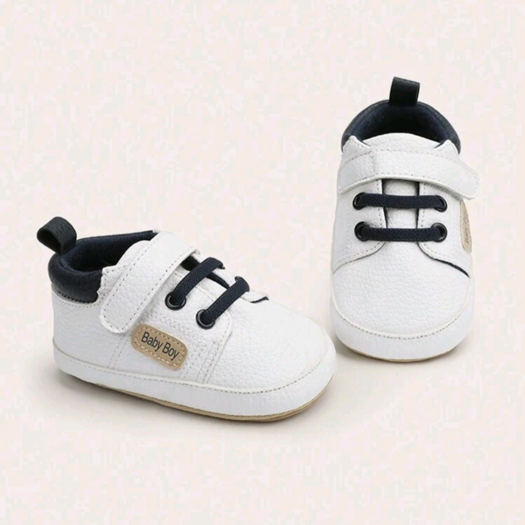 White Leather Baby Boy Shoes – Soft Lined Infant Sneakers with Laces & Velcro Strap
