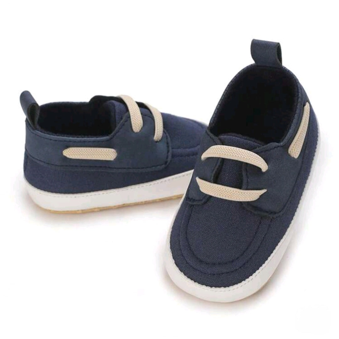 Navy Blue Baby Moccasins – Soft Fabric Shoes with Beige Laces & White Soles