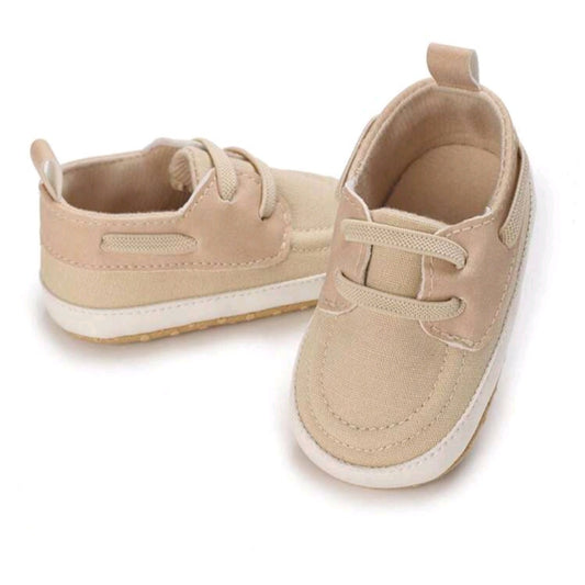 Beige Baby Shoes – Soft Fabric with Faux Laces, White Soles & Heel Loop