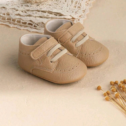 Light Brown Baby Shoes – Textured Faux Leather with Elastic Laces & Velcro Strap