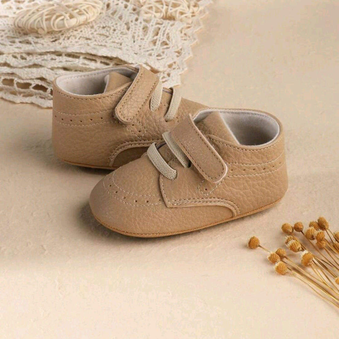 Light Brown Baby Shoes – Textured Faux Leather with Elastic Laces & Velcro Strap