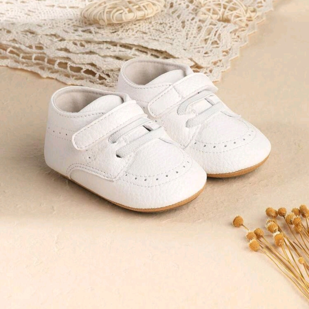 White Baby Brogue Shoes – Textured Faux Leather with Lace-Up & Velcro Strap