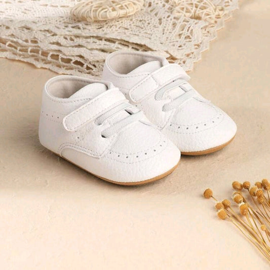 White Baby Brogue Shoes – Textured Faux Leather with Lace-Up & Velcro Strap