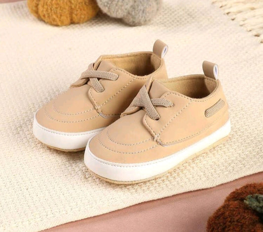 Beige Toddler Shoes – Textured Sole Infant Sneakers with Laces for Comfort & Support