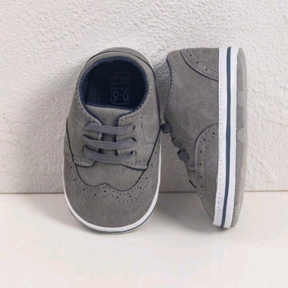 Gray Suede Baby Brogue Shoes – Classic Infant Dress Shoes with Perforated Detailing & Lace-Up Design