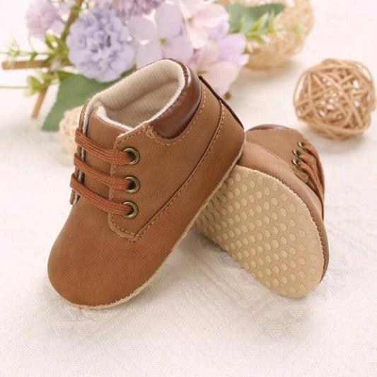 Brown Suede Baby Shoes – Soft Infant Booties with Gold Eyelets & Padded Lining