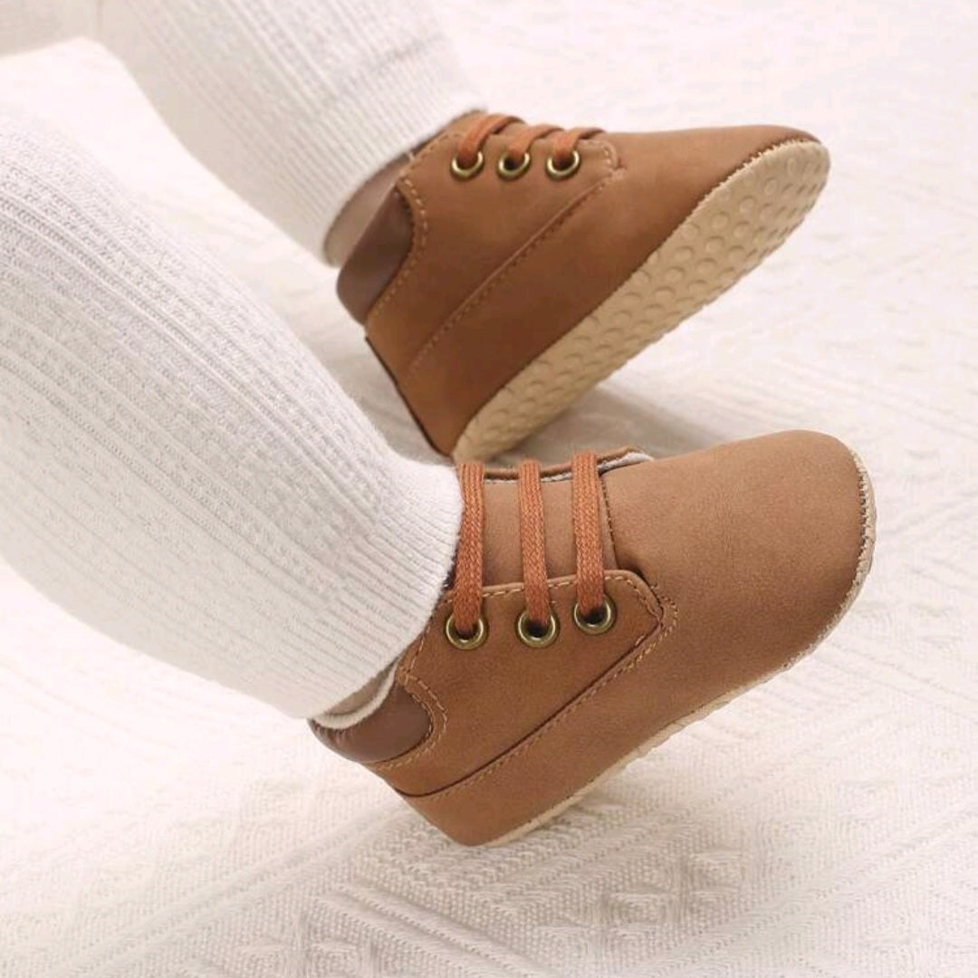 Brown Suede Baby Shoes – Soft Infant Booties with Gold Eyelets & Padded Lining