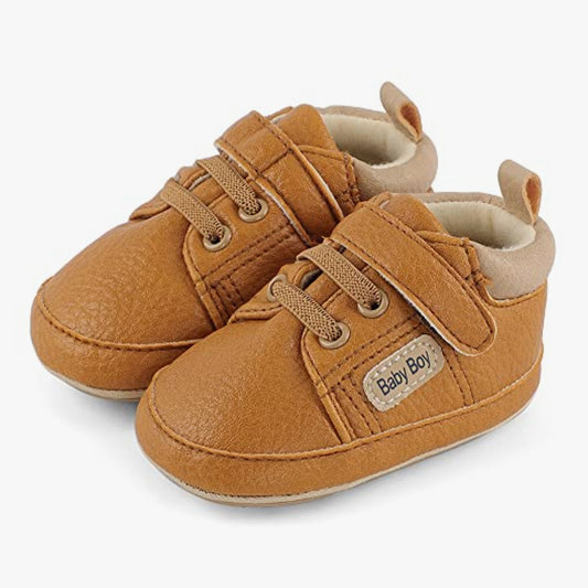 Brown Leather Baby Boy Shoes – Soft Lined Infant Sneakers with Laces & Velcro Strap