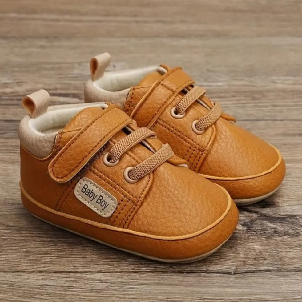 Brown Leather Baby Boy Shoes – Soft Lined Infant Sneakers with Laces & Velcro Strap