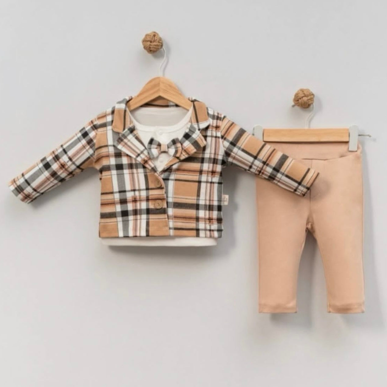 Plaid Baby Boy Outfit – Beige Checkered Jacket, Bow Tie & Pants Set with White Shirt