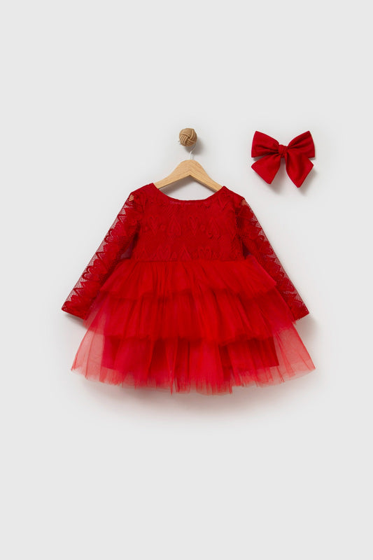 The Victoria Lace & Tiered Tulle Holiday Dress Set – Red