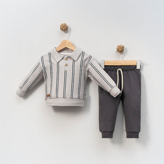 Striped Baby Boy Outfit – Light Gray Shirt with Brown Buttons & Dark Gray Drawstring Pants