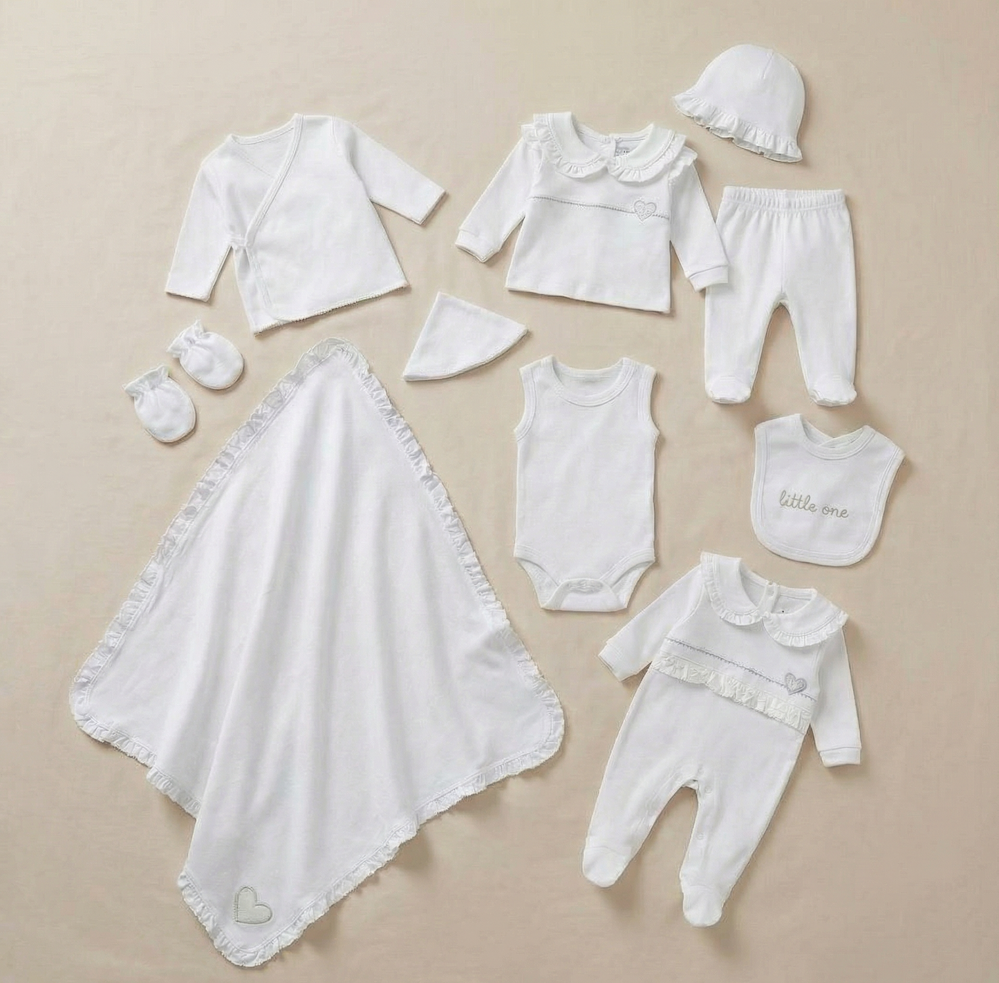 Frilled Heart Elegance – 10 Pieces Newborn Gift Set