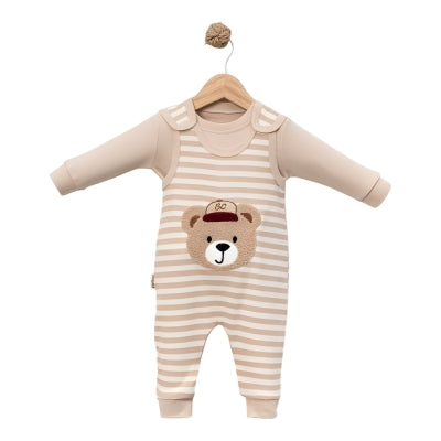 Striped Bear Baby Romper – Beige & Cream Infant Outfit