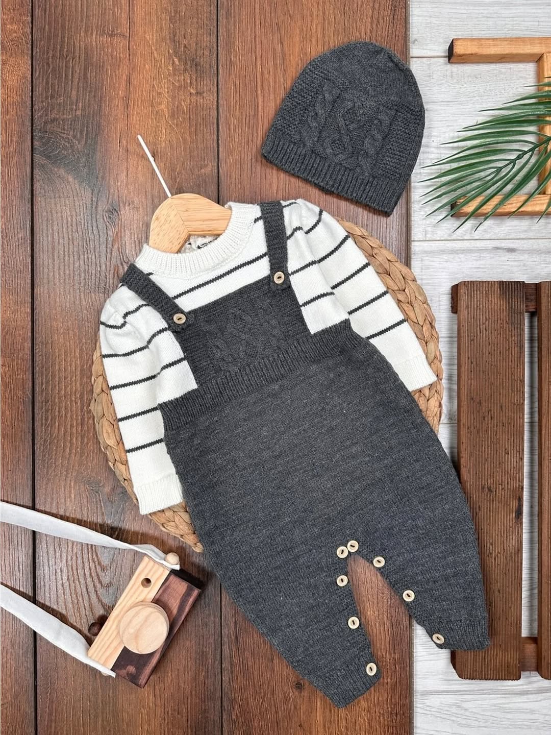 Dark Gray Knit Baby Outfit – Textured Overalls, Striped Shirt & Pom-Pom Hat Set