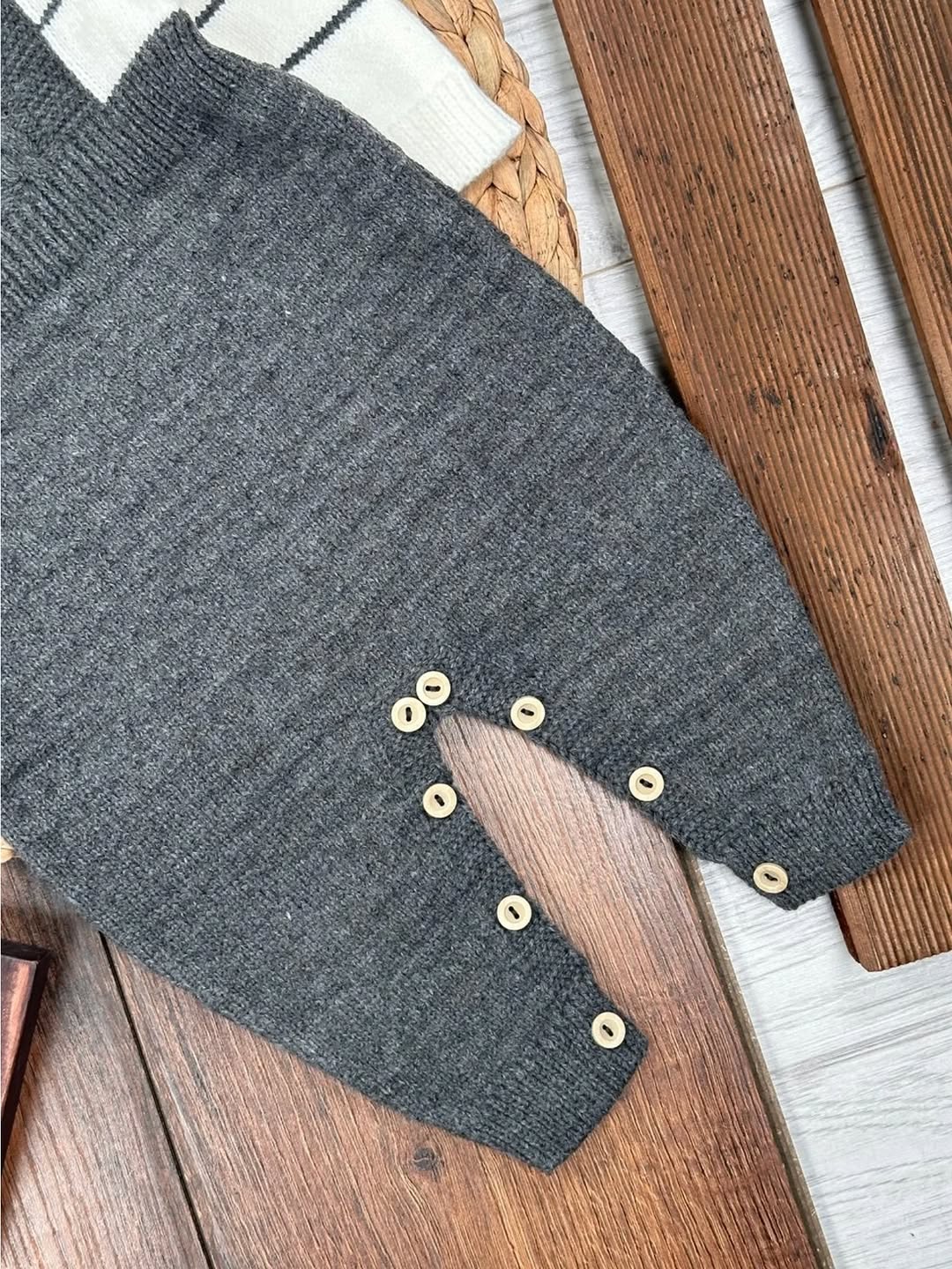 Dark Gray Knit Baby Outfit – Textured Overalls, Striped Shirt & Pom-Pom Hat Set