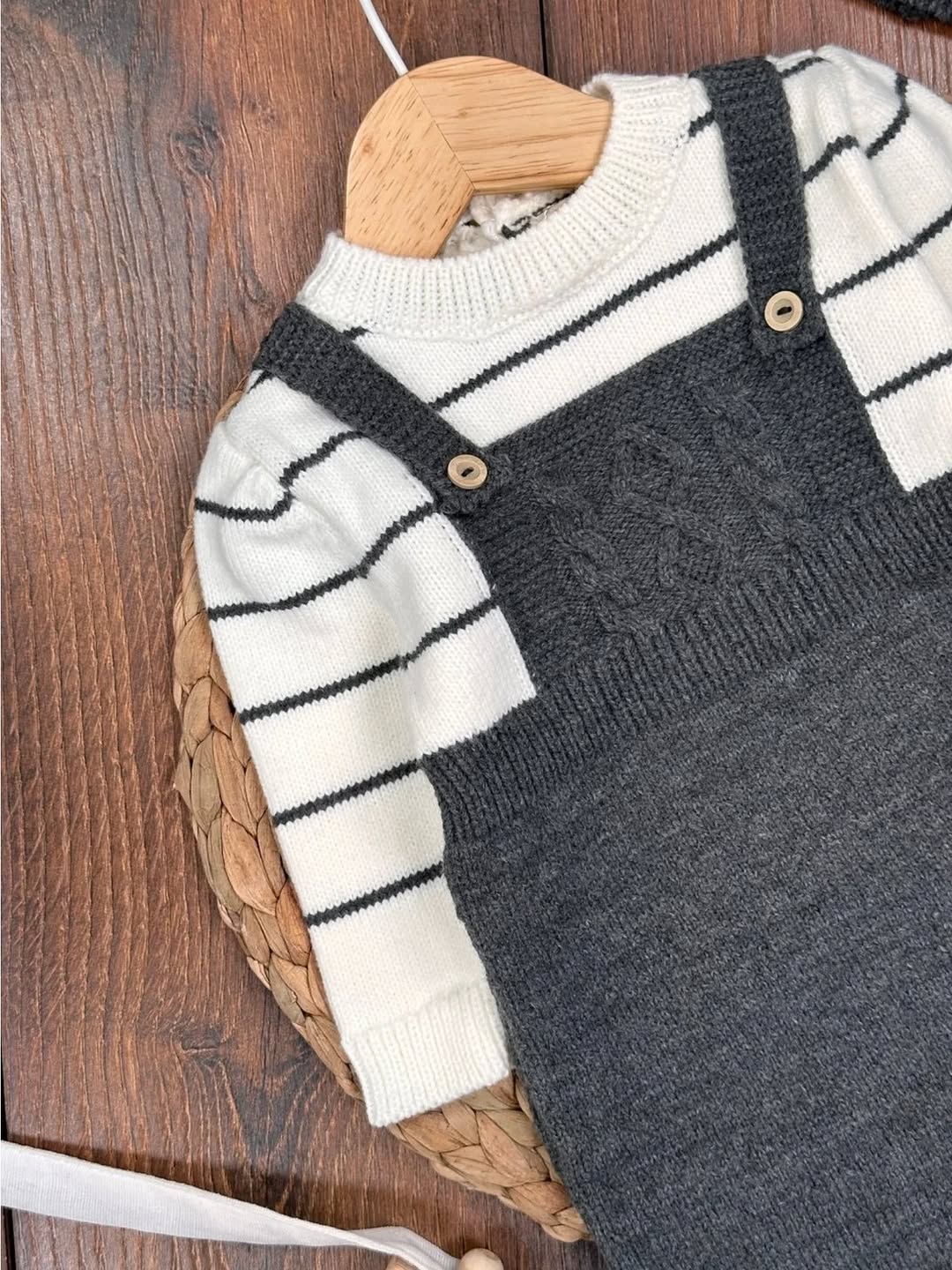 Dark Gray Knit Baby Outfit – Textured Overalls, Striped Shirt & Pom-Pom Hat Set