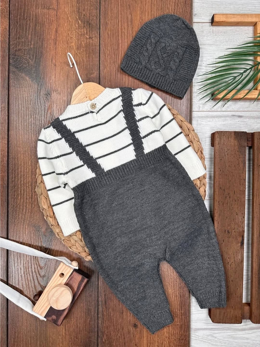 Dark Gray Knit Baby Outfit – Textured Overalls, Striped Shirt & Pom-Pom Hat Set