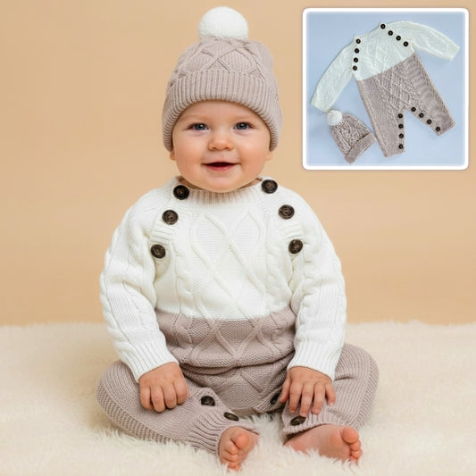 White & Beige Cable Knit Baby Romper – Two-Tone Bodysuit with Pom-Pom Hat & Button Details