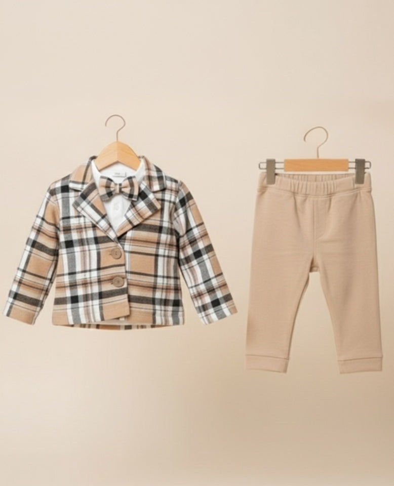 Plaid Baby Boy Outfit – Beige Checkered Jacket, Bow Tie & Pants Set with White Shirt