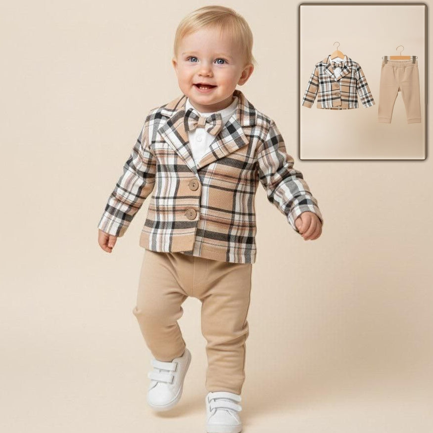 Plaid Baby Boy Outfit – Beige Checkered Jacket, Bow Tie & Pants Set with White Shirt