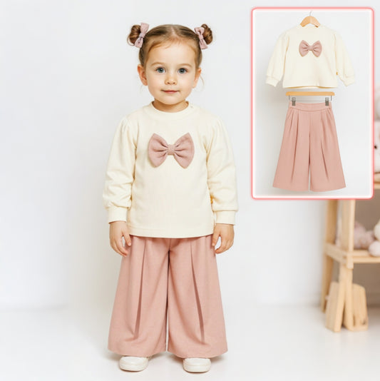 Cream & Blush Pink Baby Girl Outfit – Bow Accent Top with Pleated Palazzo Pants