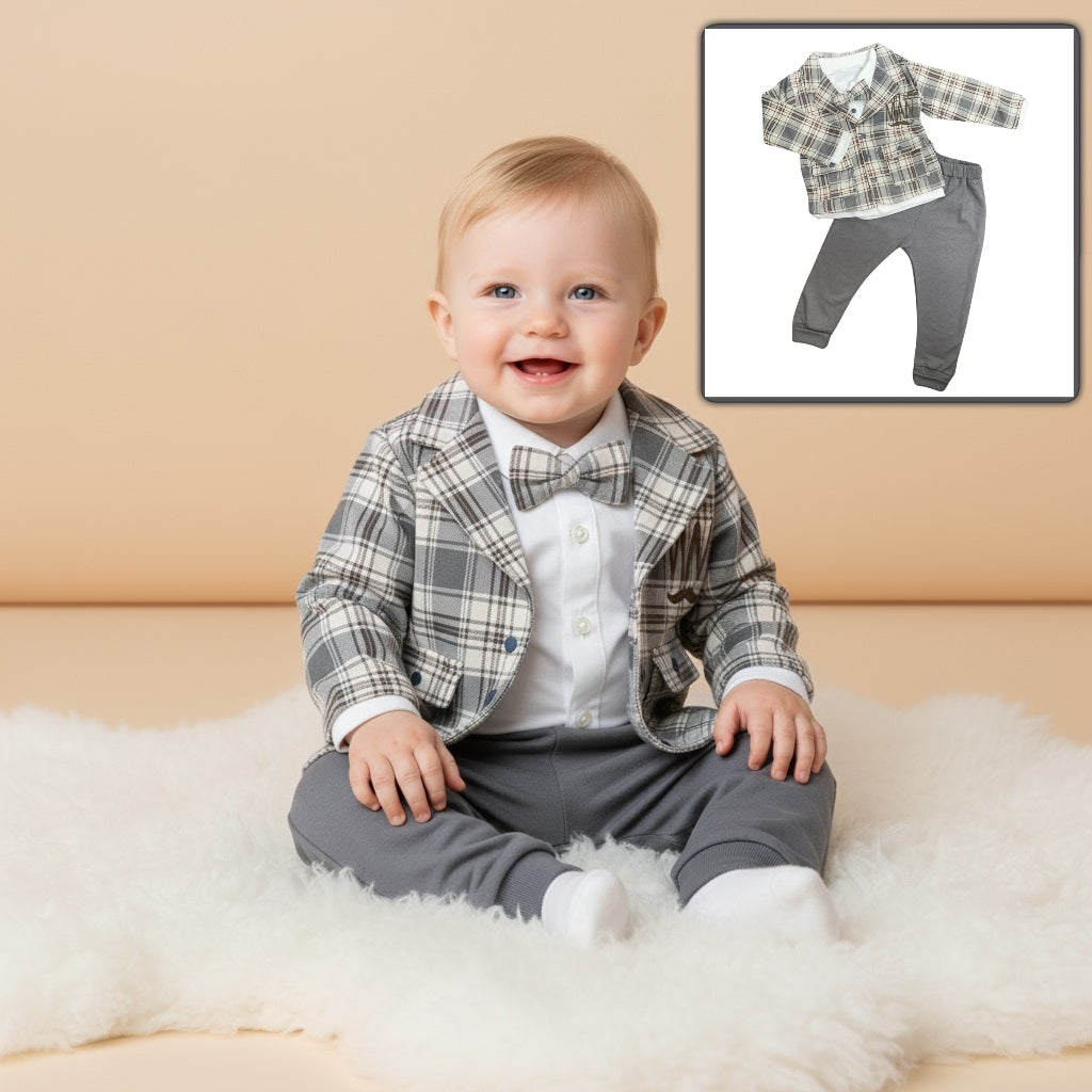 Gray Plaid Baby Boy Outfit – Printed Jacket, Bow Tie & Cuffed Pants Set for Special Occasions