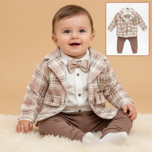 Plaid “Little Man” Baby Outfit – Double-Breasted Jacket, Bow Tie & Pants Set for Special Occasions