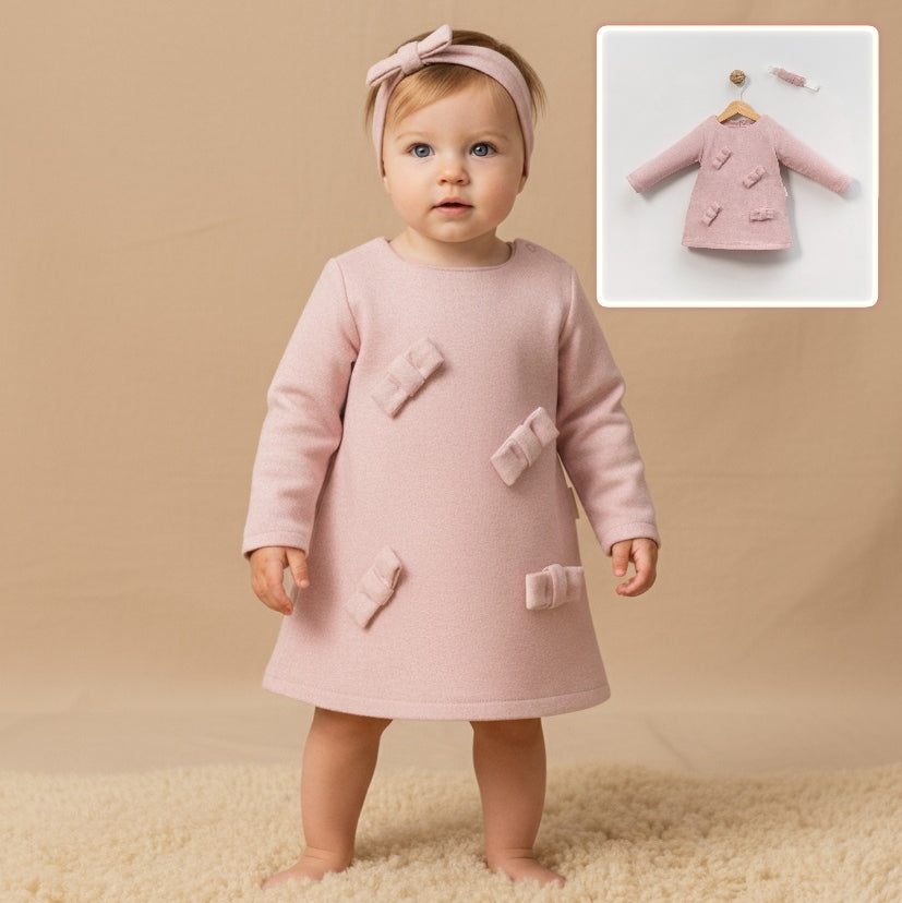 Light Pink Baby Girl Dress – A-Line Bow Accent Outfit with Matching Headband