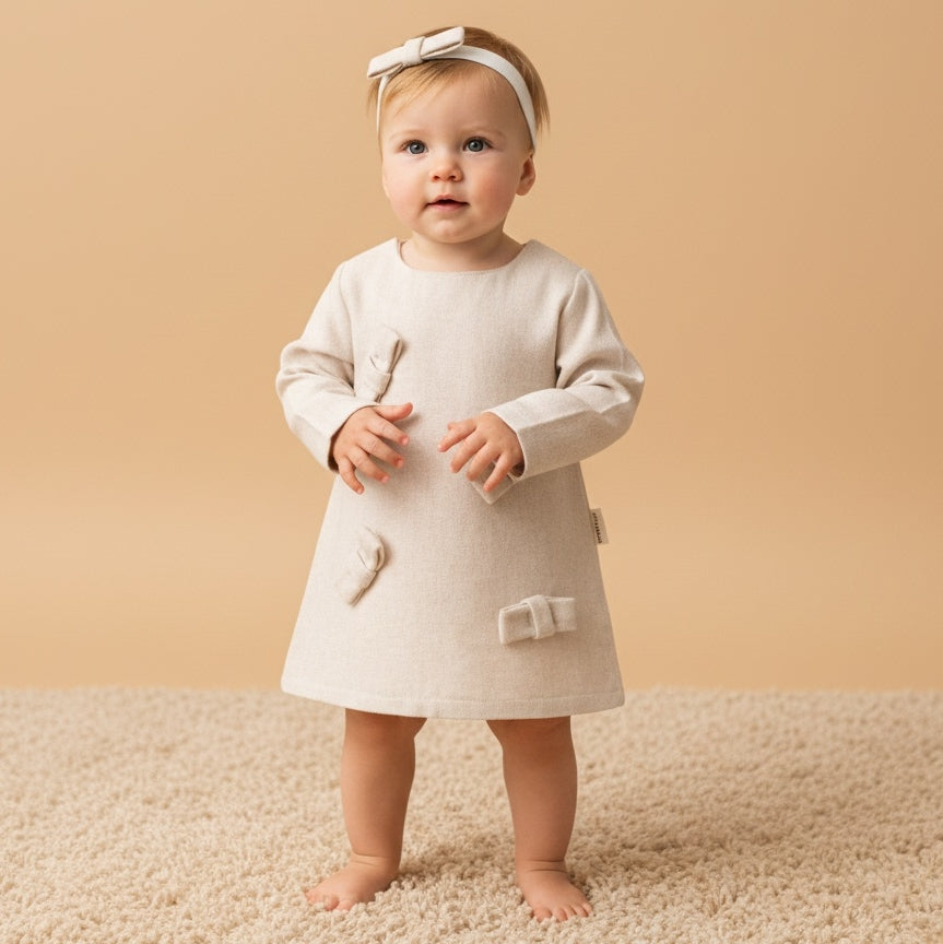 Beige Baby Dress with Bows – Long Sleeve Textured Outfit & Matching Headband for Special Occasions