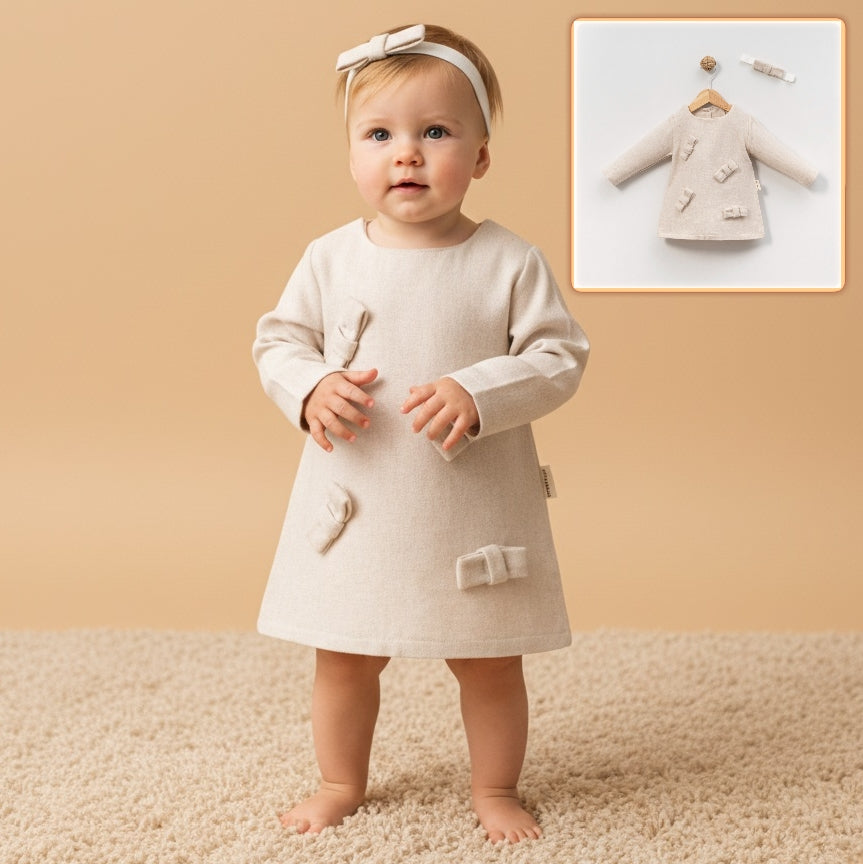 Beige Baby Dress with Bows – Long Sleeve Textured Outfit & Matching Headband for Special Occasions