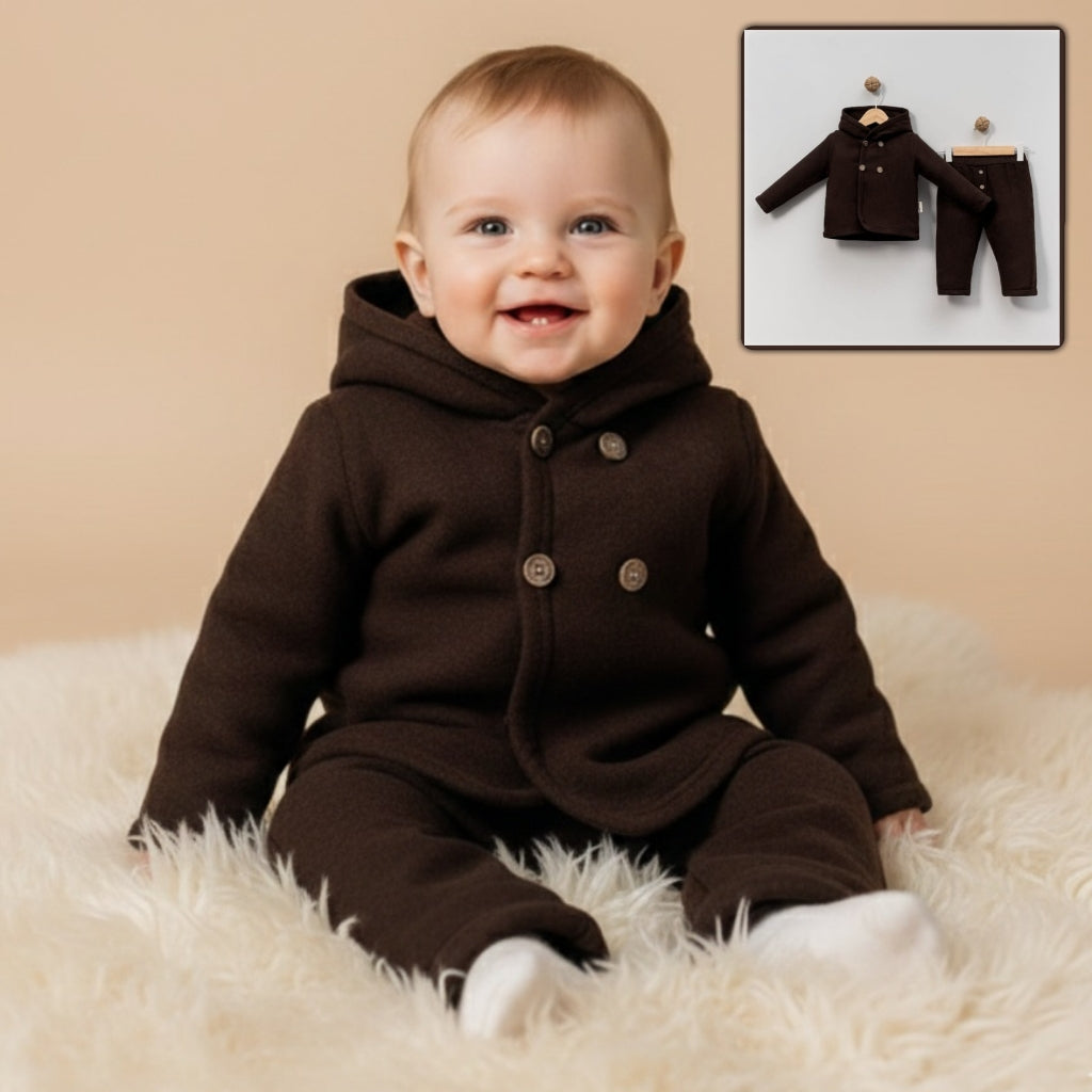 Dark Brown Toddler Outfit – Hooded Double-Breasted Coat & Matching Pants Set for Fall/Winter