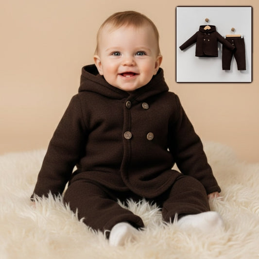 Dark Brown Toddler Outfit – Hooded Double-Breasted Coat & Matching Pants Set for Fall/Winter