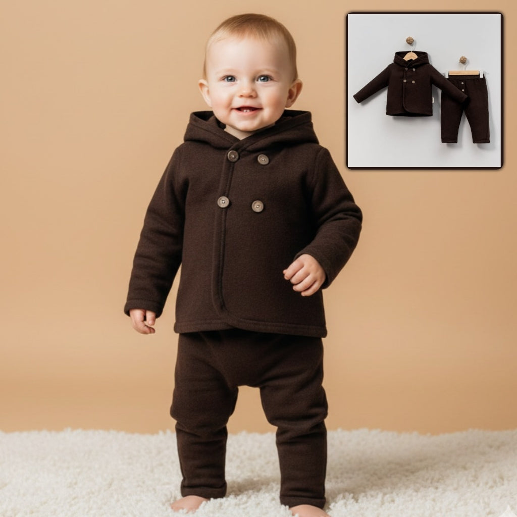 Dark Brown Toddler Outfit – Hooded Double-Breasted Coat & Matching Pants Set for Fall/Winter