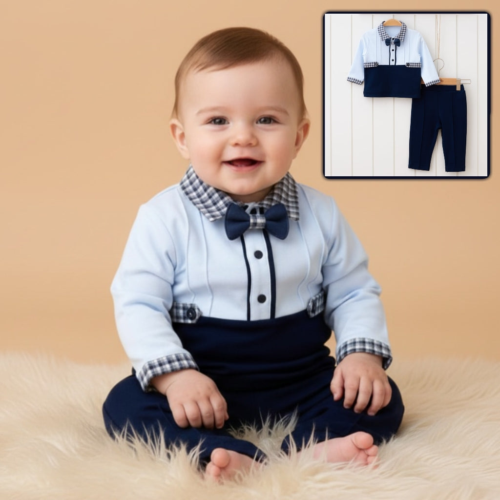 Light Blue & Navy Baby Boy Outfit – Formal Top with Bow Tie, Checkered Collar & Matching Pants