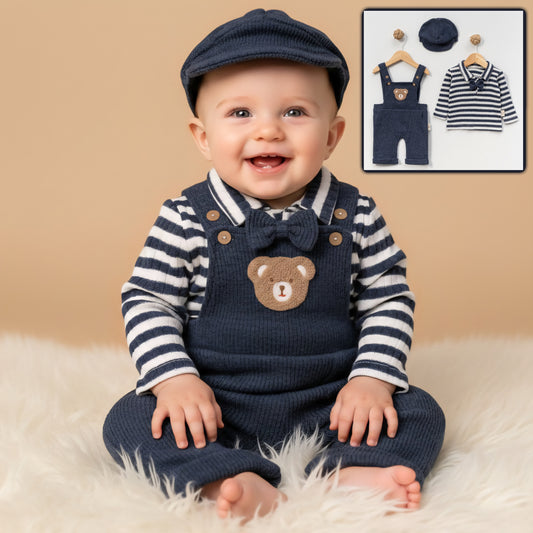 Navy Bear Baby Outfit – 3-Piece Set with Overalls, Striped Shirt & Matching Cap