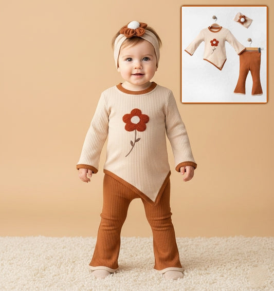 Beige & Brown Baby Girl Outfit – Ribbed 3-Piece Set with Red Flower Top, Pants & Headband