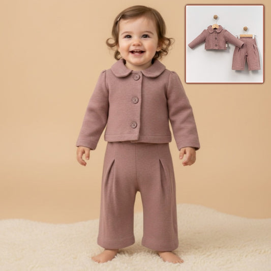 Muted Mauve Toddler Outfit – Soft Textured Jacket & Pleated Pants Set for Fall/Winter
